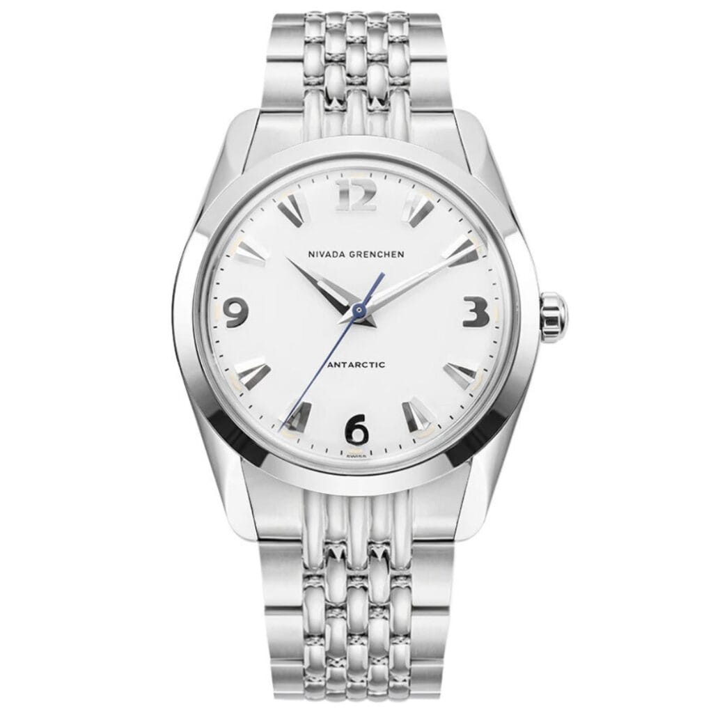 Silver Nivada Grenchen Antarctic 35005M04 wristwatch featuring a white dial, silver hour markers, and a sleek metal link band.