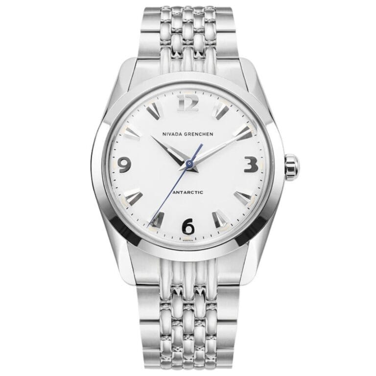 Silver Nivada Grenchen Antarctic 35005M04 wristwatch featuring a white dial, silver hour markers, and a sleek metal link band.