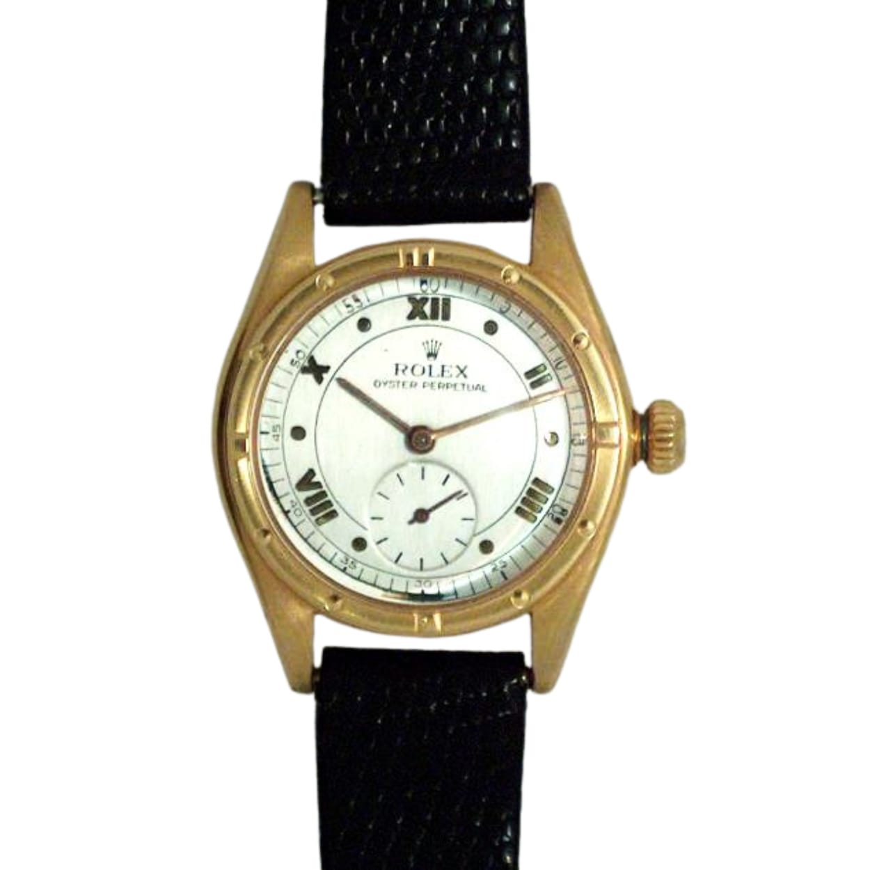 Rolex Oyster Perpetual wristwatch, model 3795, featuring a gold case, black leather strap, and elegant white dial.