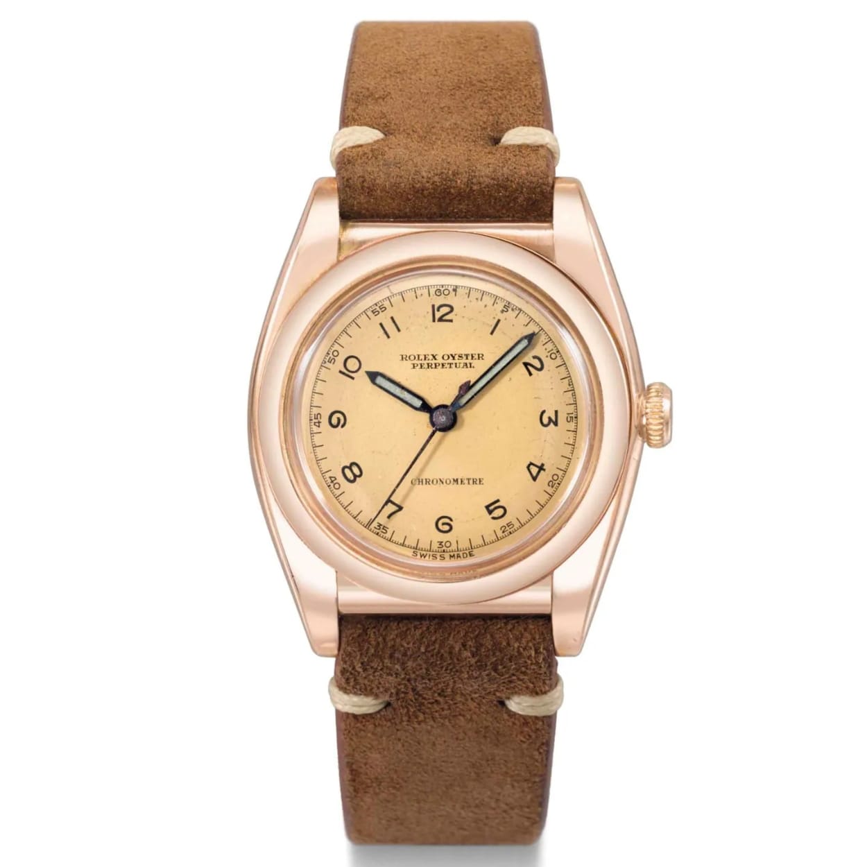 Vintage Rolex Oyster Perpetual watch, model 3696, with a tan dial and brown leather strap, shown from the front.