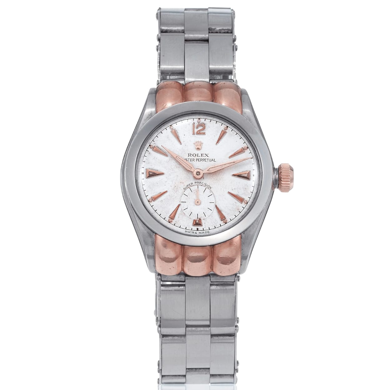 A silver and rose gold Rolex Oyster Perpetual wristwatch, model 3353, with a white face and a sleek metal bracelet.