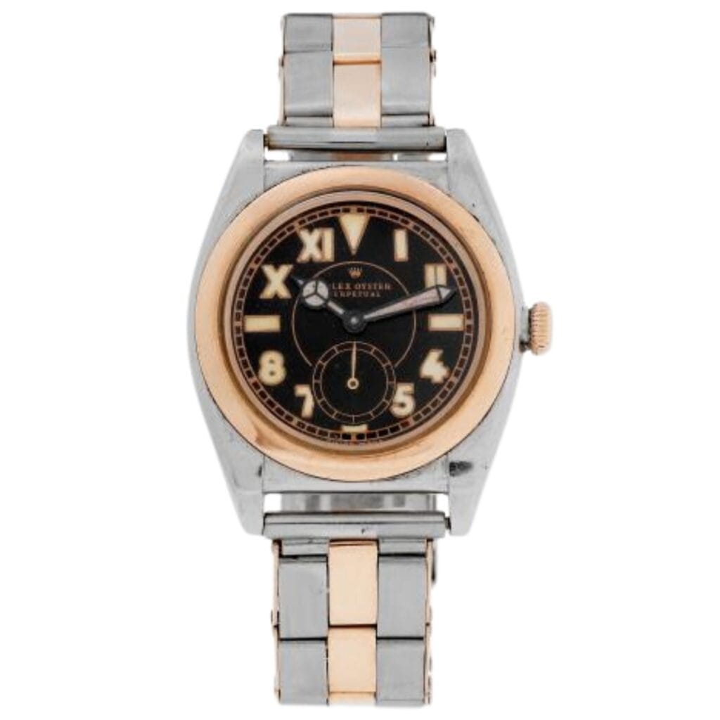 Two-tone wristwatch with a black dial, gold Roman numerals, and a silver and gold metal band, inspired by the classic style of the Rolex Oyster Perpetual.