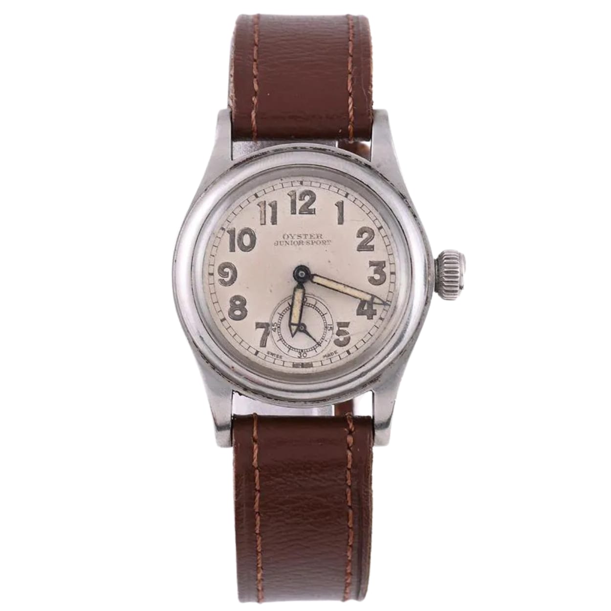 Vintage Rolex Oyster wristwatch with a brown leather strap and a silver case, displaying Arabic numerals.