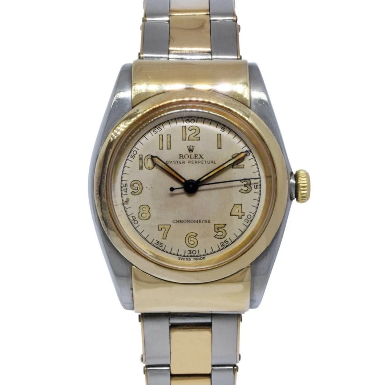 A two-tone Rolex Oyster Perpetual wristwatch with a silver and gold band, featuring a round face that displays gold numbers and hands.