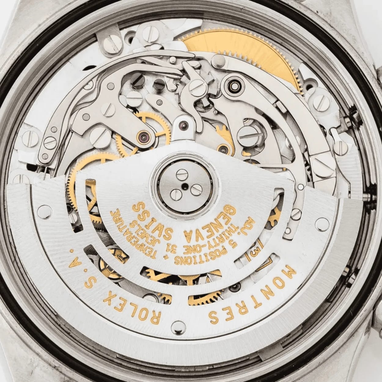 Close-up of a Rolex watch movement, showing intricate gears and ROLEX S.A. GENEVA SWISS engraved in gold.