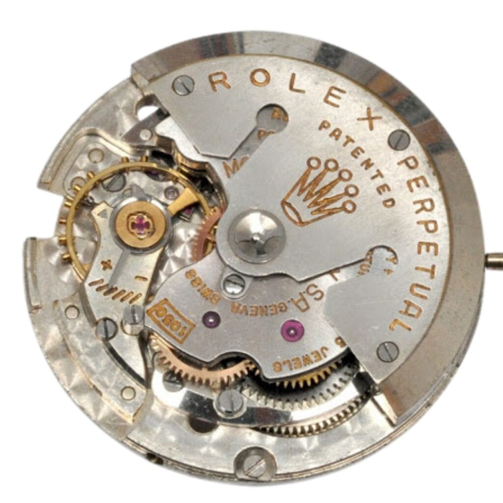Rolex watch movement with visible gears, jewels, and engraved Rolex Perpetual text and crown logo.