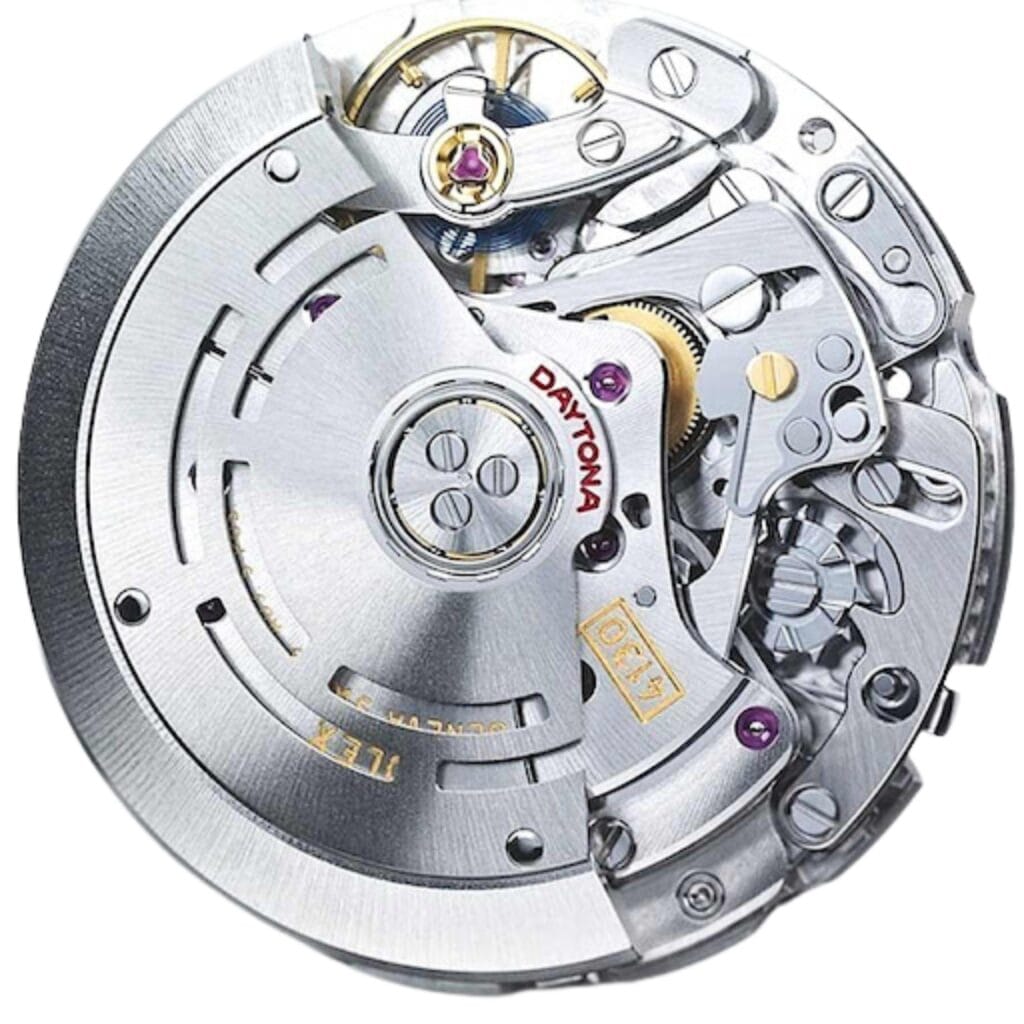 Close-up of a Rolex Daytona watch movement, showing intricate gears and metal components.