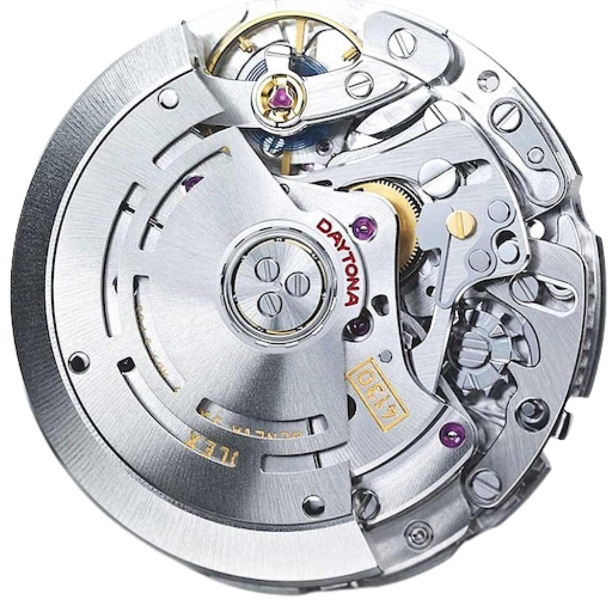 Close-up of a Rolex Daytona watch movement, showing intricate gears and metal components.