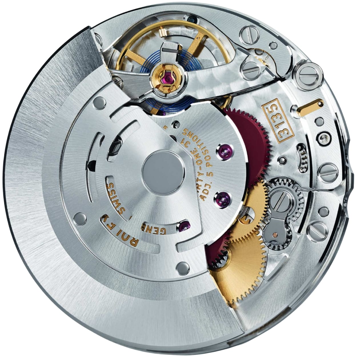 Close-up of a luxury mechanical watch movement with visible gears, metal parts, and precision components.