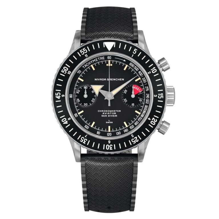 A black Nivada Grenchen Chronomaster Aviator Sea Diver chronograph watch featuring a black textured strap and multiple dials on the face.