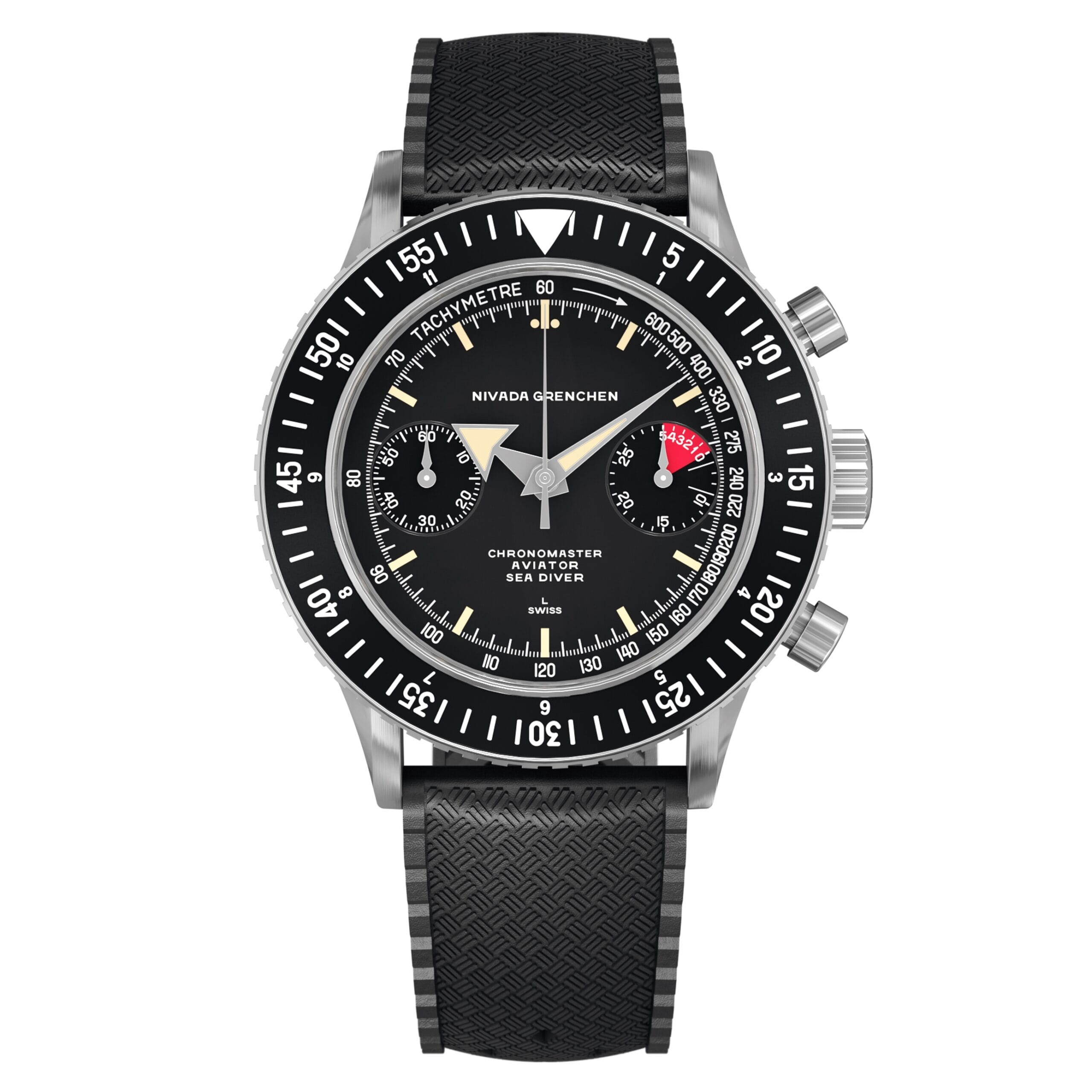 A black Nivada Grenchen Chronomaster Aviator Sea Diver chronograph watch with a textured strap and silver bezel, featuring date display and tachymeter.