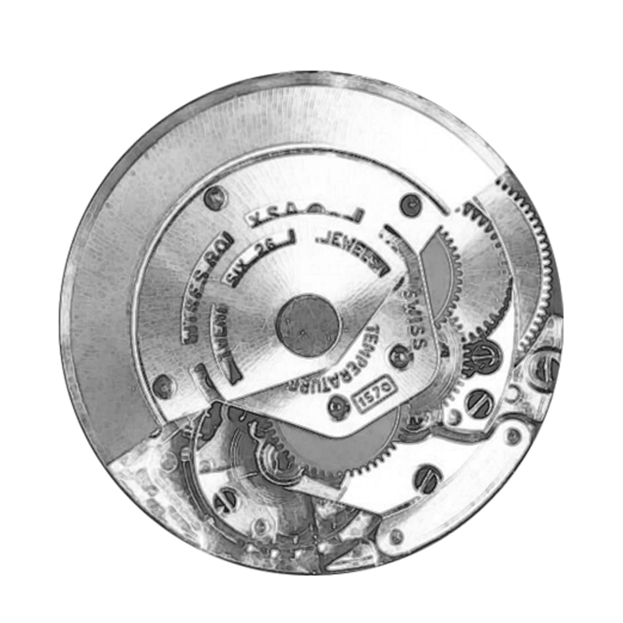 Black and white image of a mechanical watch movement with visible gears and engraved text.