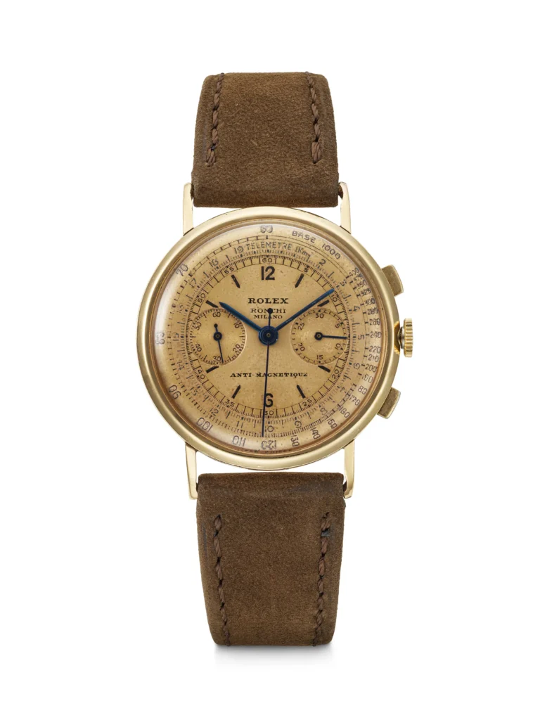 Vintage Rolex Chronograph 6232 watch with a brown leather strap and a gold dial featuring bold black markings.