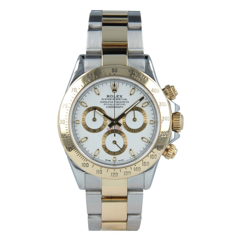 A Rolex Cosmograph Daytona with a white dial and two-tone gold and silver bracelet, this elegant timepiece embodies both luxury and precision.