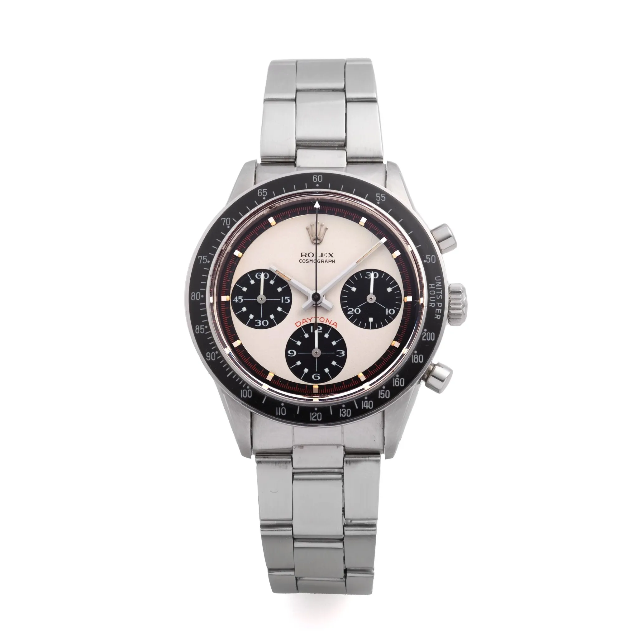 A silver Rolex Cosmograph Daytona chronograph wristwatch featuring a white face and three black subdials.