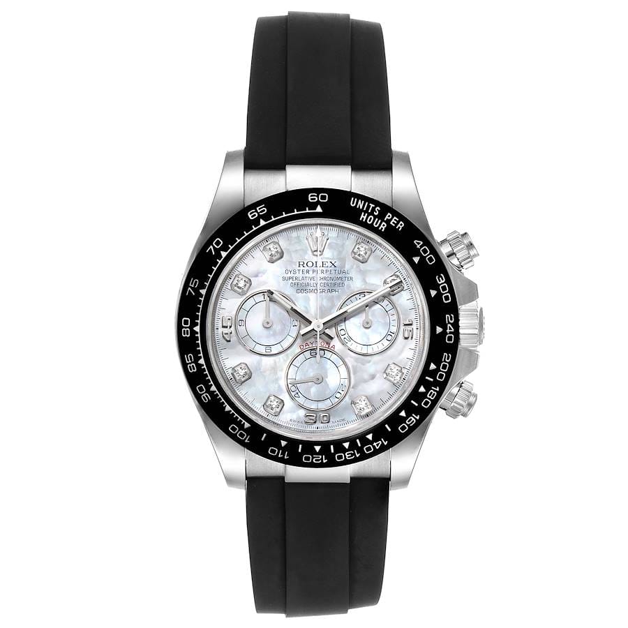 Rolex Cosmograph Daytona watch featuring a black rubber strap, black bezel, and a white mother-of-pearl dial with three subdials.