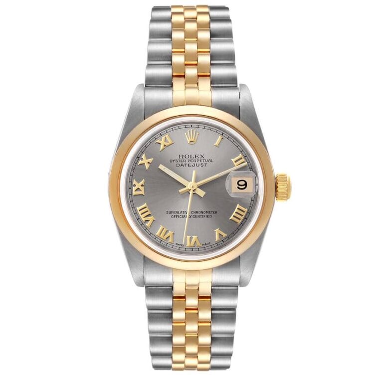 A two-tone Rolex Datejust watch featuring a silver and gold band, grey dial, gold Roman numerals, date display, and reference 78243.
