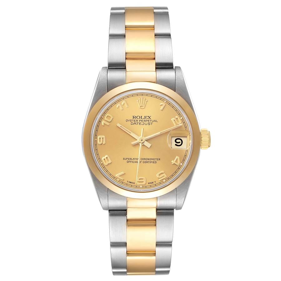 Two-tone Rolex Datejust 68243 watch featuring a gold dial, gold and silver band, and a date display at 3 o’clock.