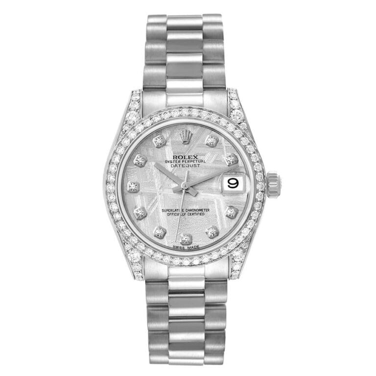 Silver Rolex Datejust watch with diamond hour markers, a date window, and a metal link bracelet. This luxury watch, model Rolex 178159, exudes elegance and timeless sophistication.