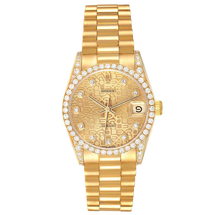 Gold Rolex Datejust 68158 watch with a diamond-studded bezel and hour markers, featuring a date window at 3 oclock.
