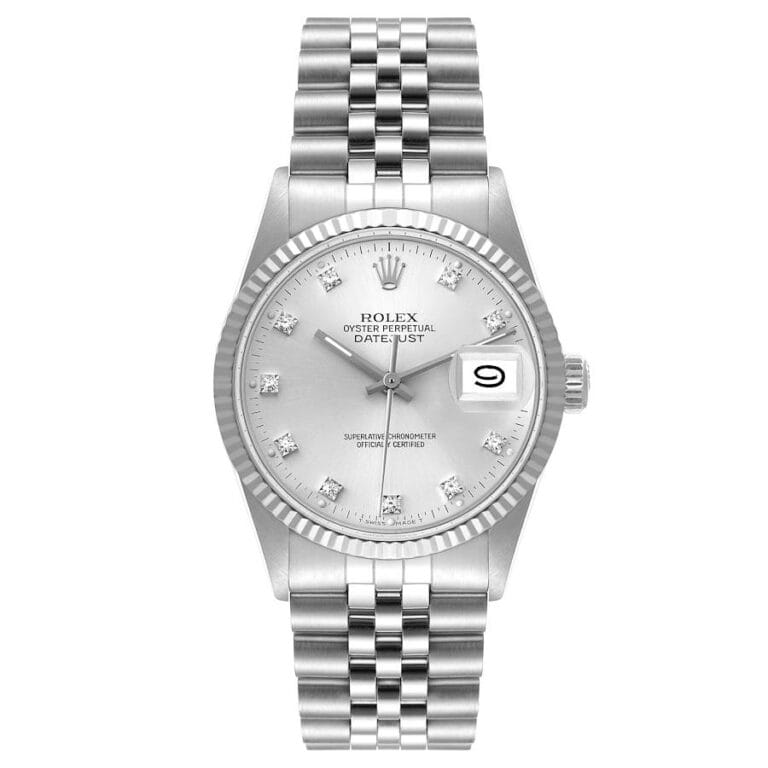 Silver Rolex Datejust 16014 watch with diamond hour markers and a Jubilee bracelet, displaying the date at 3 oclock.