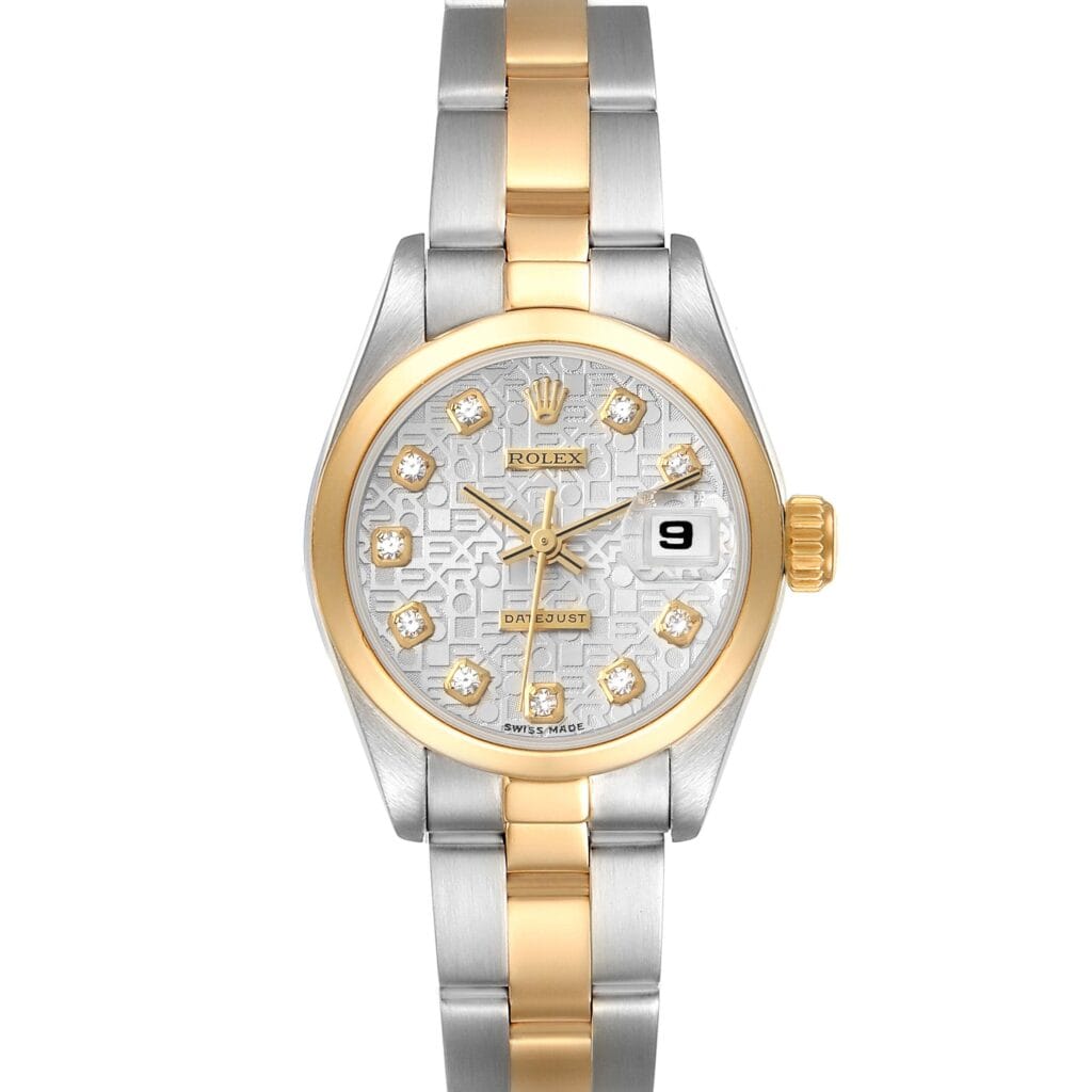 A two-tone gold and silver Rolex Datejust 69163 wristwatch featuring a diamond-studded dial and a date display at 3 o’clock.