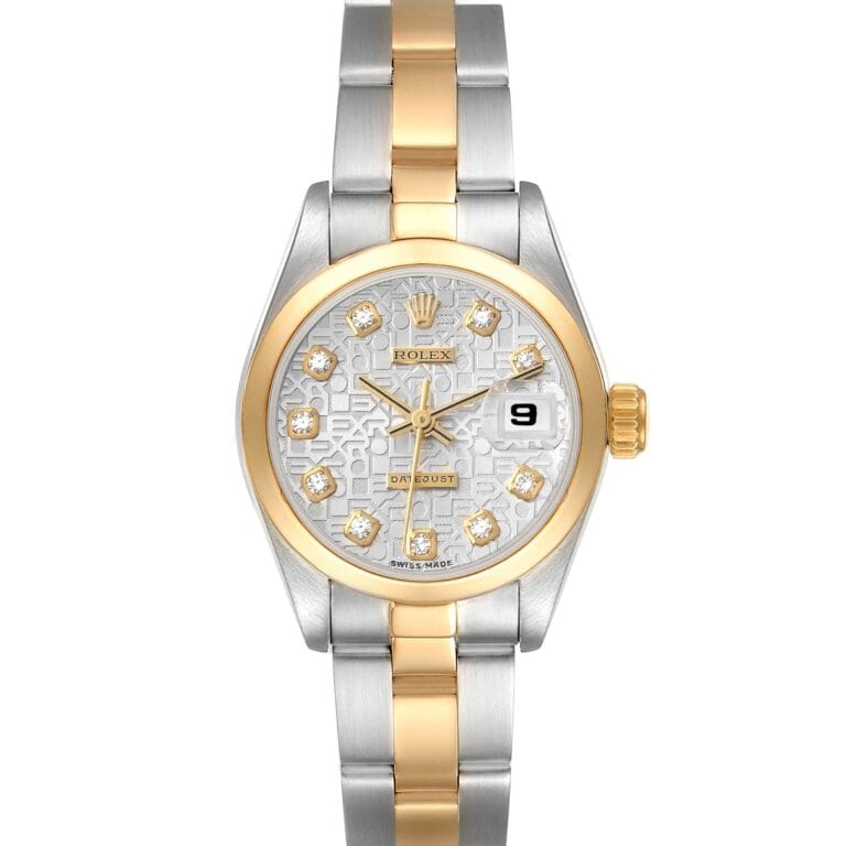 A two-tone gold and silver Rolex Datejust 69163 wristwatch featuring a diamond-studded dial and a date display at 3 o’clock.