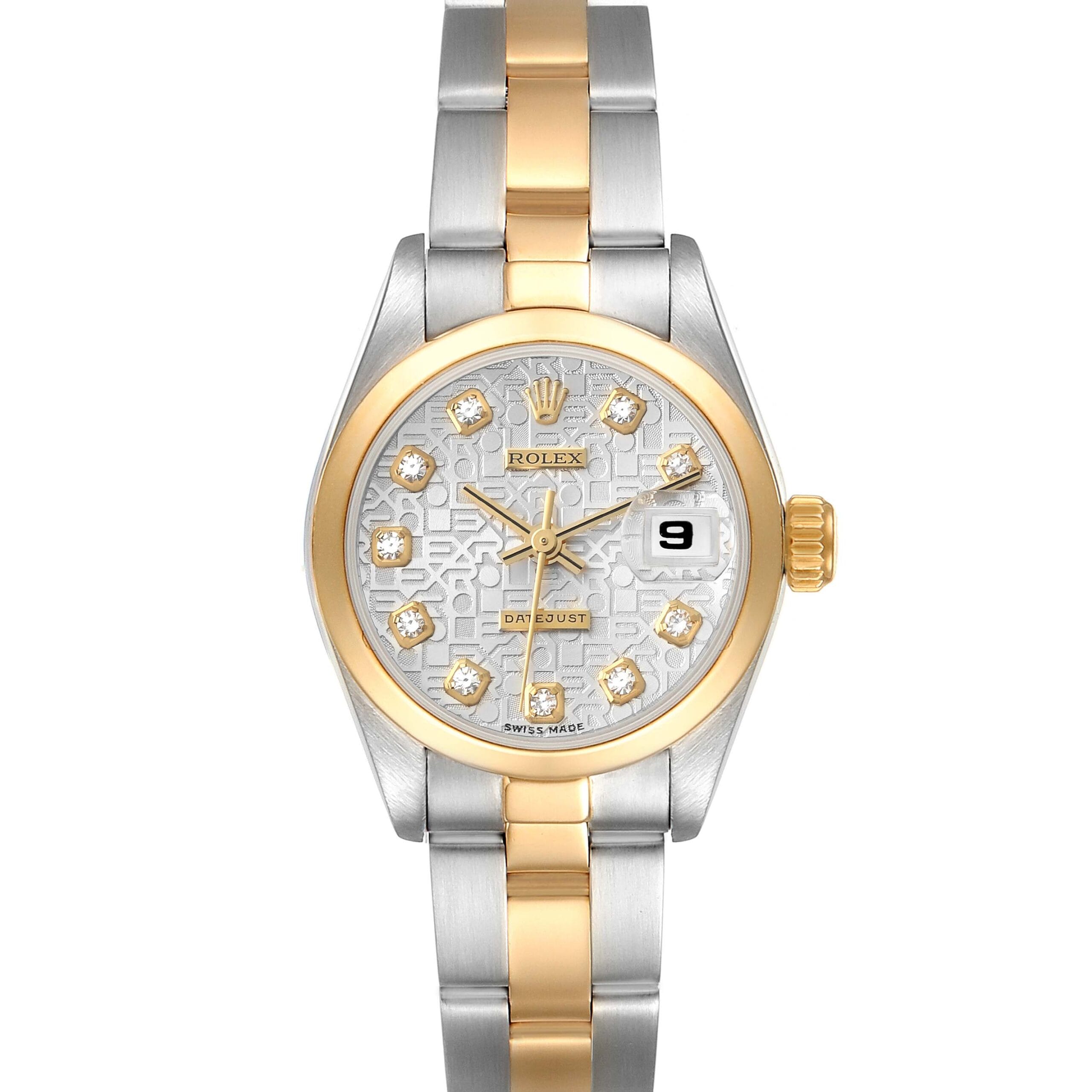 A two-tone gold and silver Rolex Datejust 69163 wristwatch featuring a diamond-studded dial and a date display at 3 o’clock.