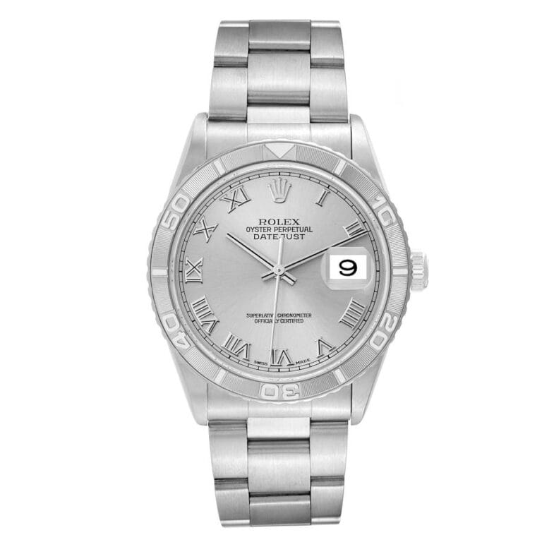 A silver Rolex Datejust 16264 watch with Roman numerals and a date window showing the 9th.