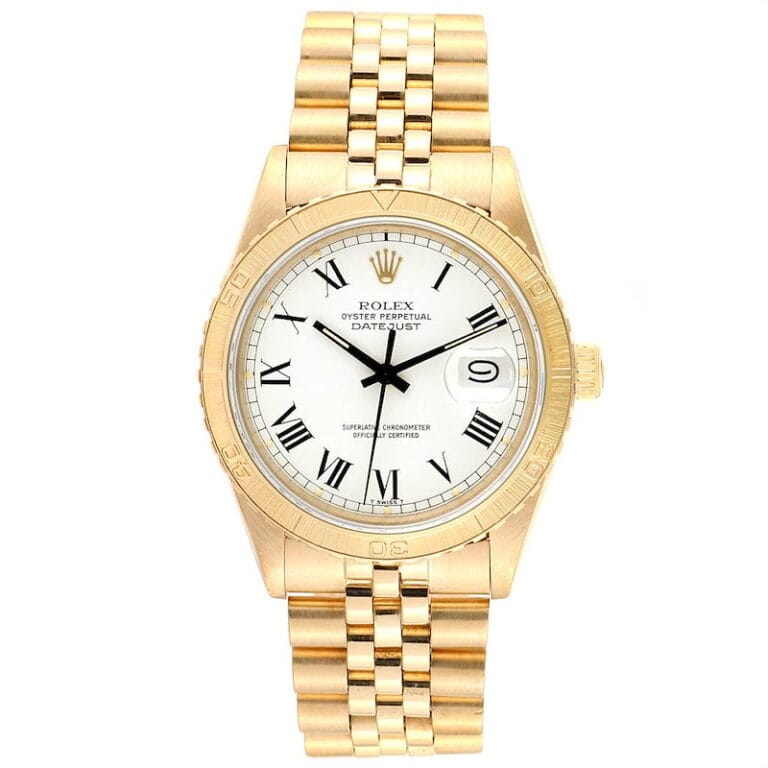 Gold Rolex Datejust 16258 Oyster Perpetual watch featuring a white dial, Roman numerals, and a classic metal link bracelet.