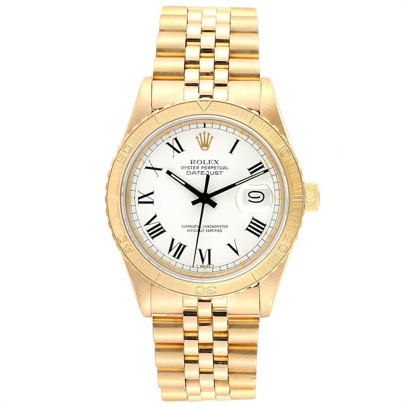 Gold Rolex Datejust 16258 Oyster Perpetual watch featuring a white dial, Roman numerals, and a classic metal link bracelet.