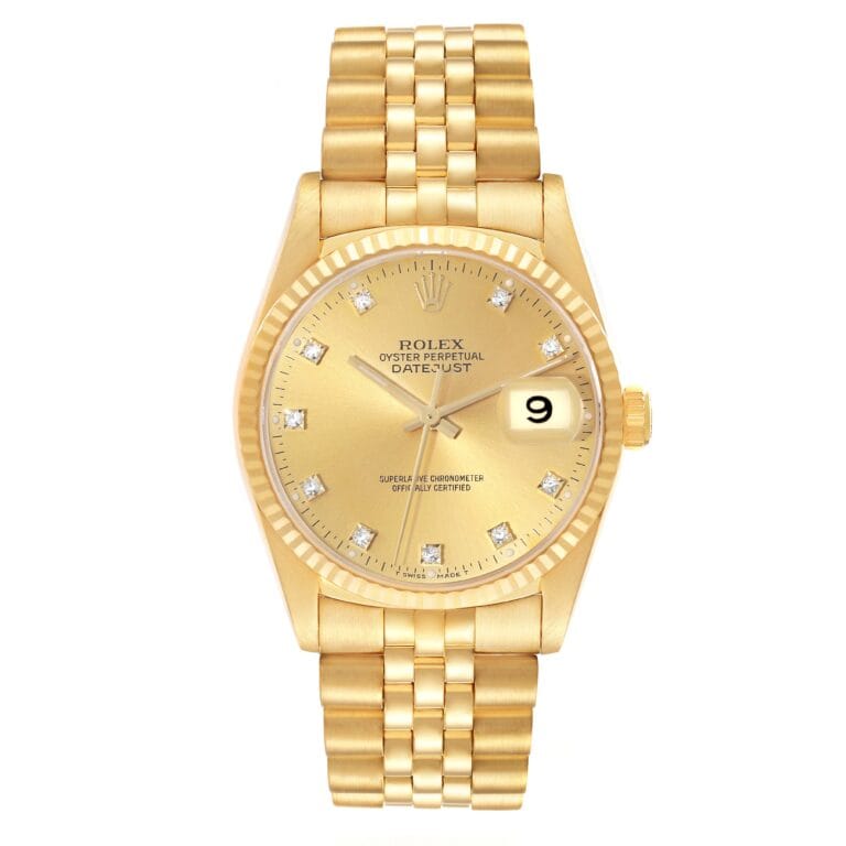 Gold Rolex Datejust 16238 watch with diamond hour markers and a date display on a gold link bracelet.