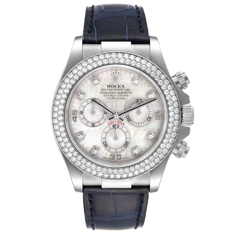 Luxury Rolex Cosmograph Daytona watch with diamond bezel, white dial, leather strap, and chronograph subdials—an exquisite Daytona 116589 model.
