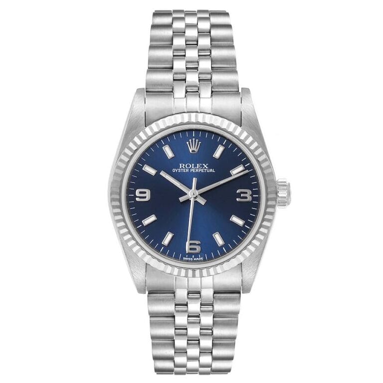 Silver Rolex Datejust 77014 watch with a blue dial, silver hour markers, and a stainless steel jubilee bracelet.