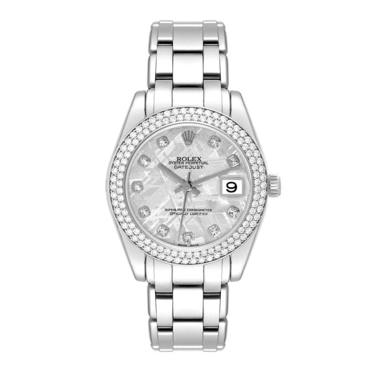 Silver Rolex Datejust watch, model 81339, with diamond hour markers and a date display, featuring a sleek metal link bracelet.