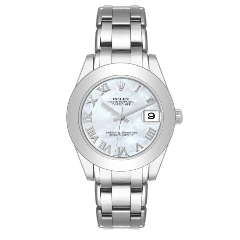 Silver Rolex Datejust 81209 wristwatch with a mother-of-pearl dial, Roman numerals, and a date window at 3 o’clock.