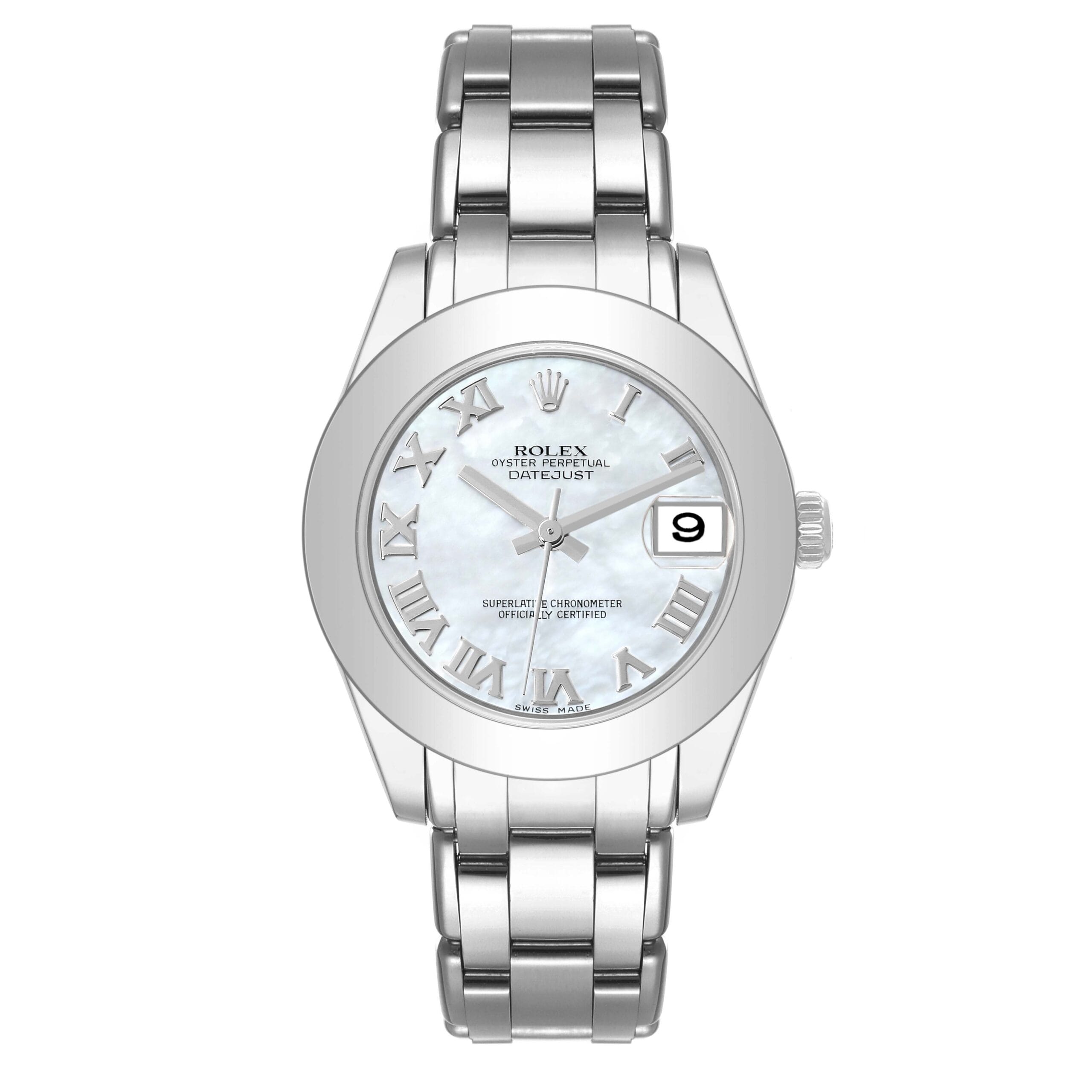 Silver Rolex Datejust 81209 wristwatch with a mother-of-pearl dial, Roman numerals, and a date window at 3 o’clock.