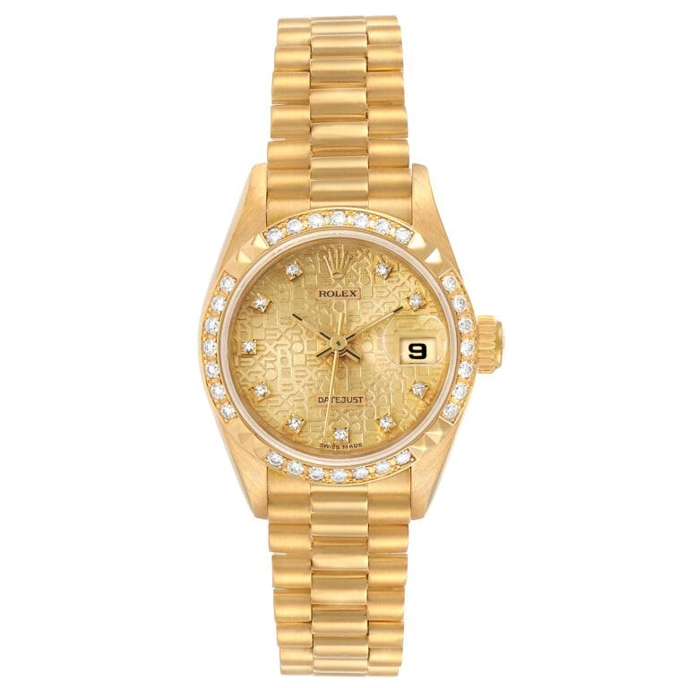 Gold Rolex Datejust 69268 watch with diamond bezel and bracelet, featuring a date display at 3 o’clock on the dial.