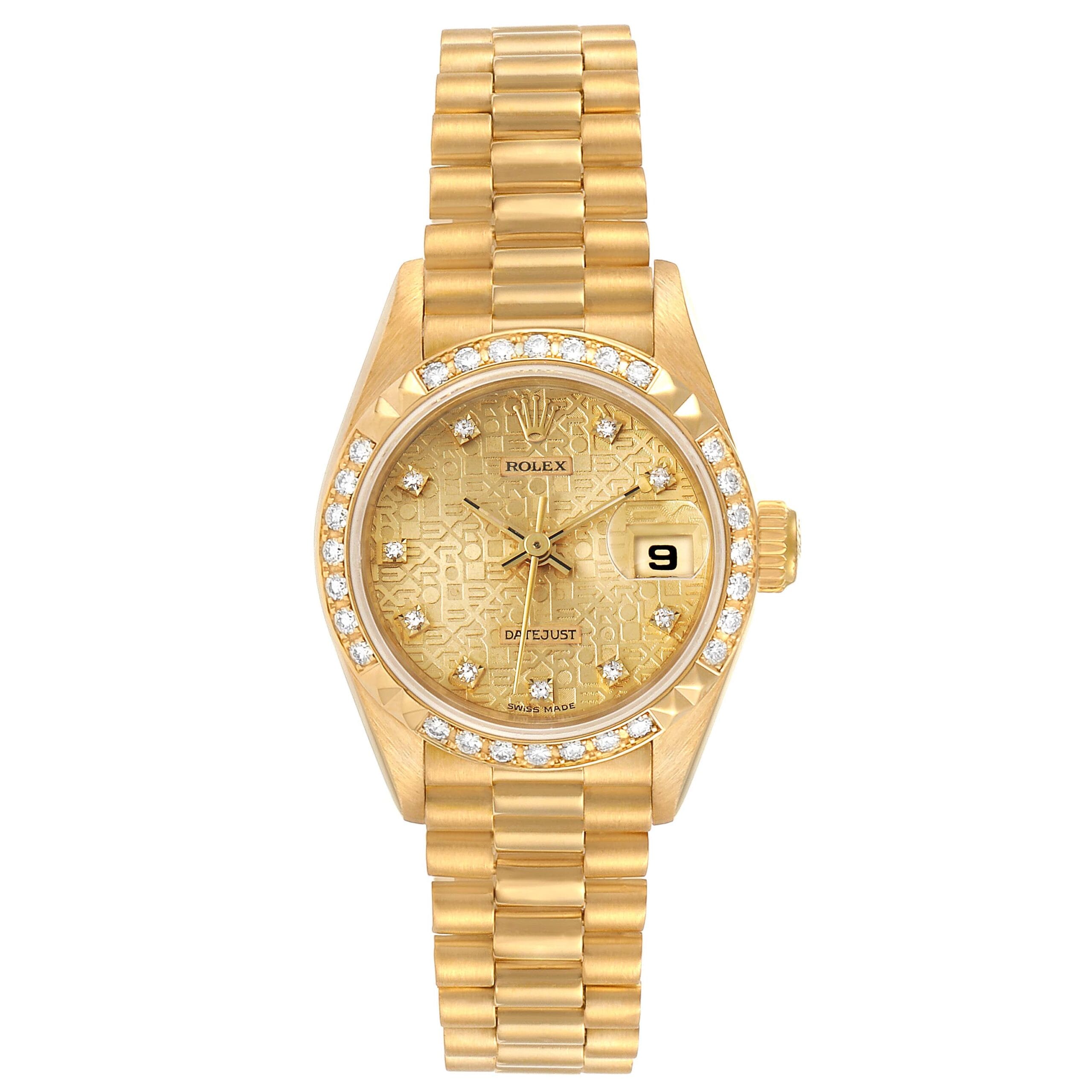 Gold Rolex Datejust 69268 watch with diamond bezel and bracelet, featuring a date display at 3 o’clock on the dial.