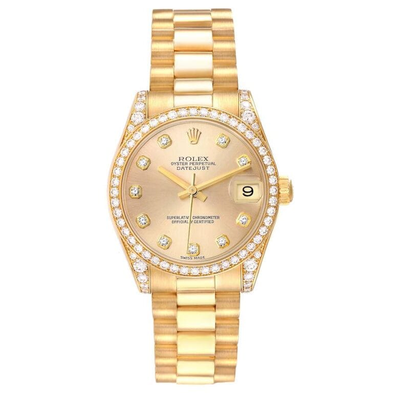 Gold Rolex Datejust luxury watch with diamond hour markers and bezel, date display at 3 o’clock, and a gold bracelet.