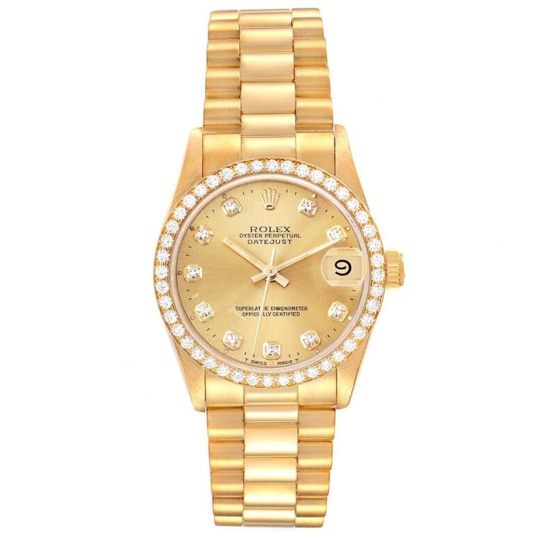 Gold Rolex Datejust 68288 watch with diamond hour markers and a date display, featuring a gold bracelet and bezel.