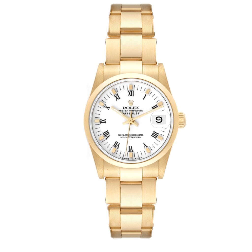 Gold Rolex Datejust wristwatch, model 68248, featuring a white dial with Roman numerals and a date window at the 3 o’clock position.