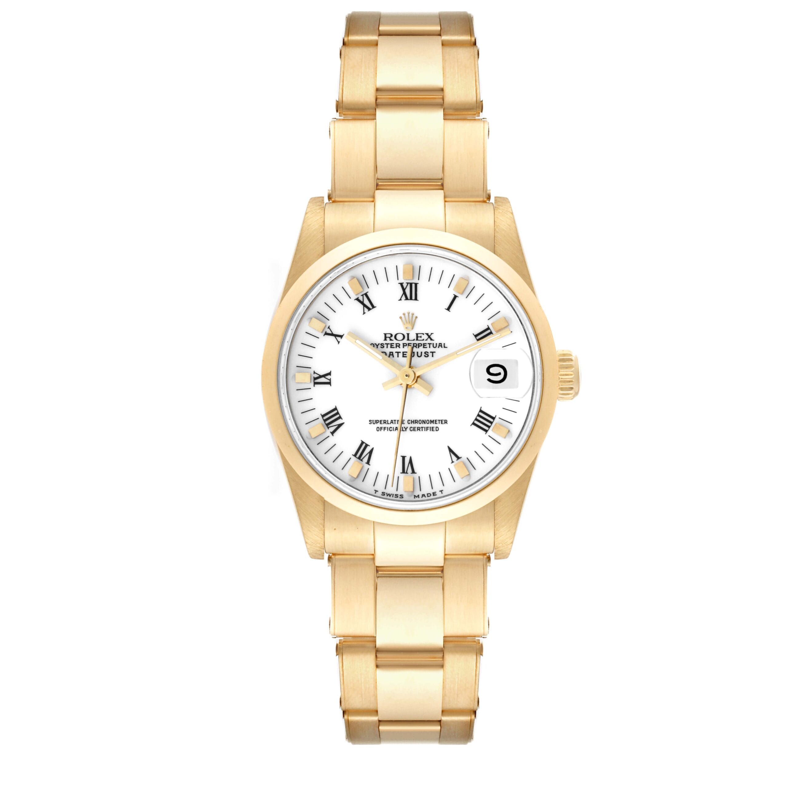 Gold Rolex Datejust wristwatch, model 68248, featuring a white dial with Roman numerals and a date window at the 3 o’clock position.