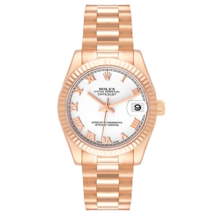 A rose gold Rolex Datejust 178275 watch with a white dial, Roman numerals, and a date window at 3 o’clock.