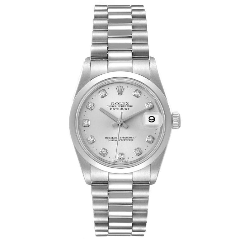 Silver Rolex Datejust 78246 watch with diamond hour markers and a date window at 3 oclock, set on a sleek metal link band.