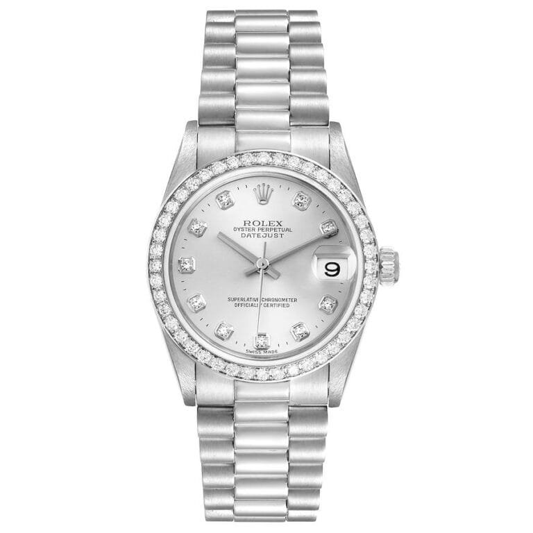 A silver Rolex Datejust 78286 watch featuring a diamond bezel and diamond hour markers on a sleek metal bracelet.