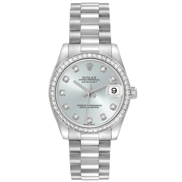 Silver Rolex Datejust 178286 watch featuring diamond hour markers, a fluted bezel, and a date window displaying the 9th.