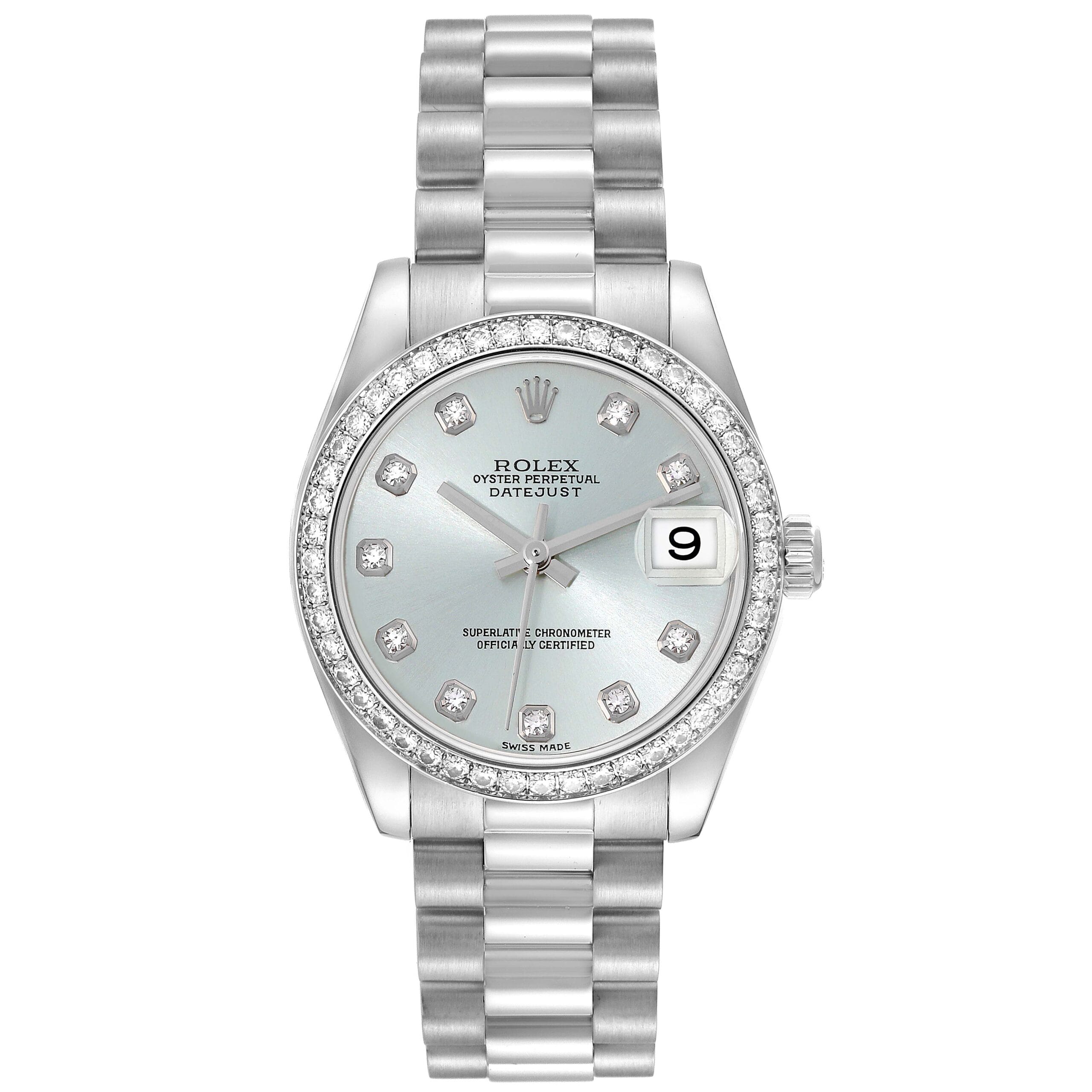 Silver Rolex Datejust 178286 watch featuring diamond hour markers, a fluted bezel, and a date window displaying the 9th.