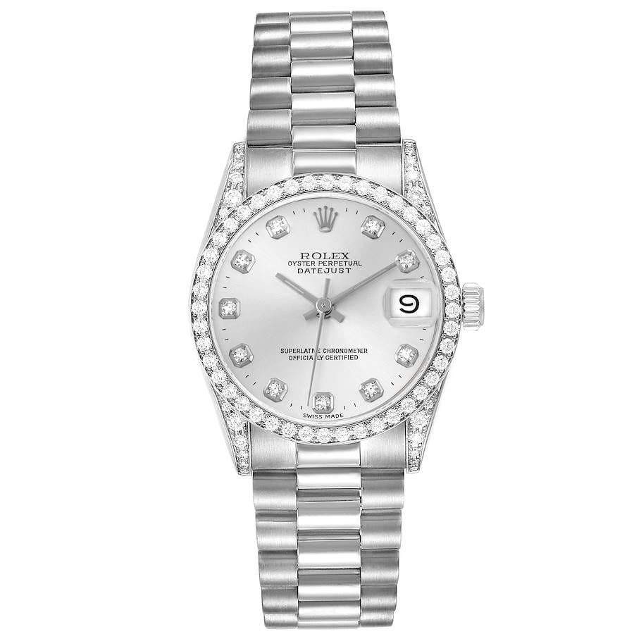 Silver Rolex Datejust 68159 watch with a diamond bezel and markers, silver dial, and elegant metal link bracelet.