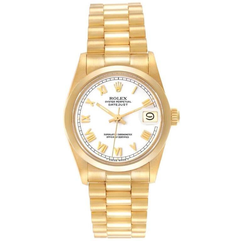 Gold Rolex Datejust wristwatch, model 6824, featuring a white dial with Roman numerals and a date window at the 3 o’clock position.